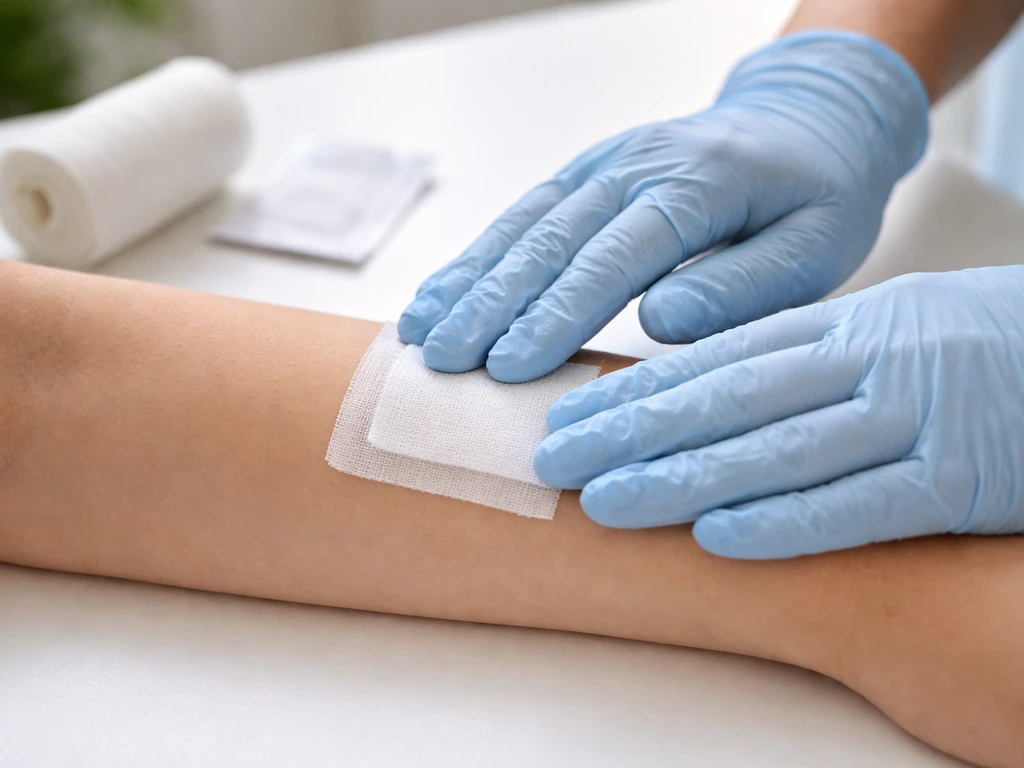 Gloved hands gently place sterile gauze over a freshly cleaned skin wound on an arm