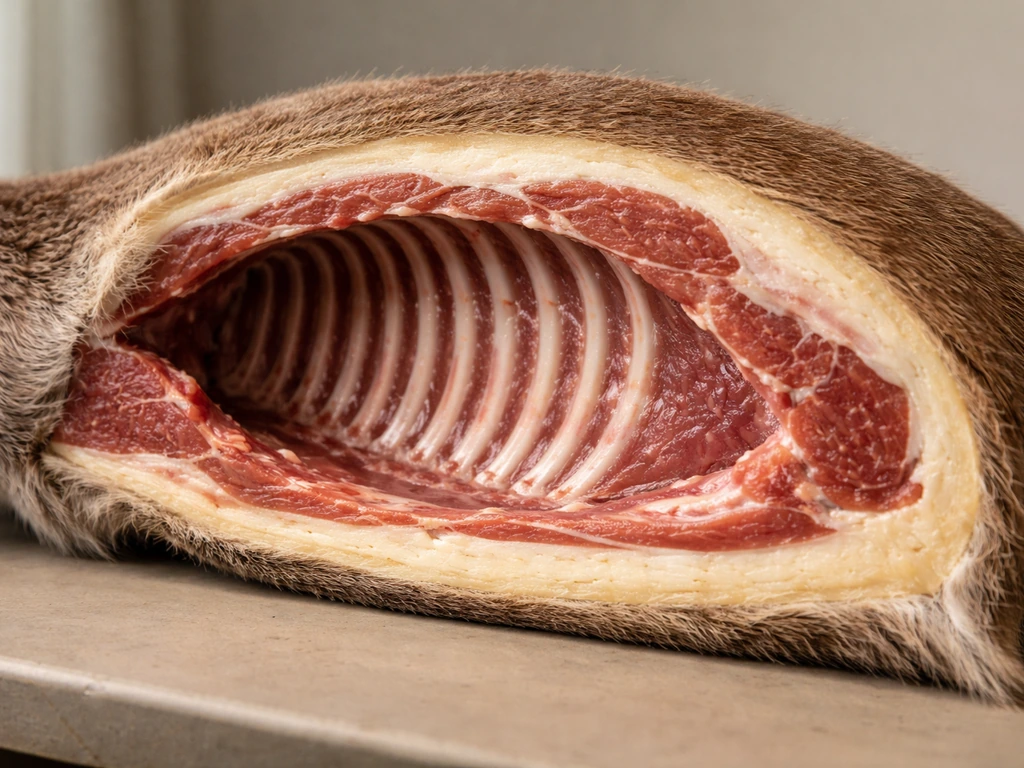 Close-up of deer hide, fat layer, and ribcage protecting the chest cavity in a minimal anatomy scene.