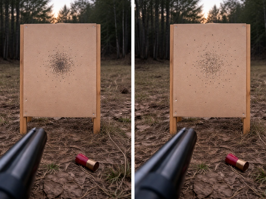 Split-view photo: clustered pellet impacts on one side versus a wider, sparse shot pattern on the other.