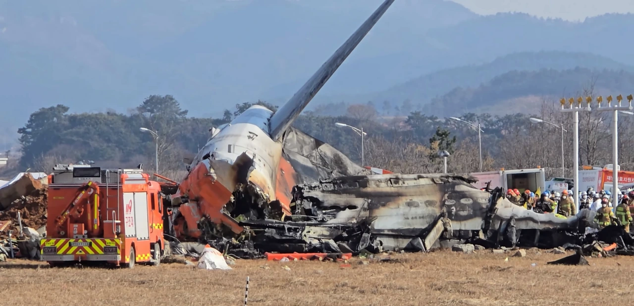 Wreckage of Jeju Air Flight 2216 at Muan International Airport after the crash