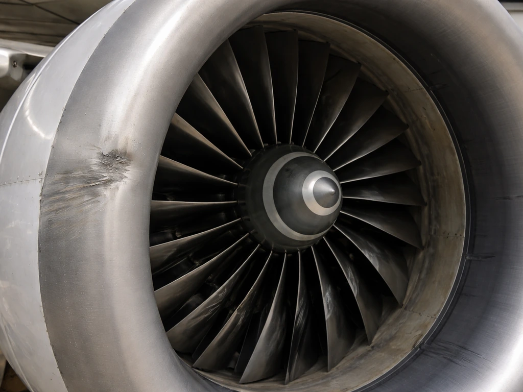 Close-up of a jet engine fan with a small bird impact mark and lightly damaged blades in the nacelle.