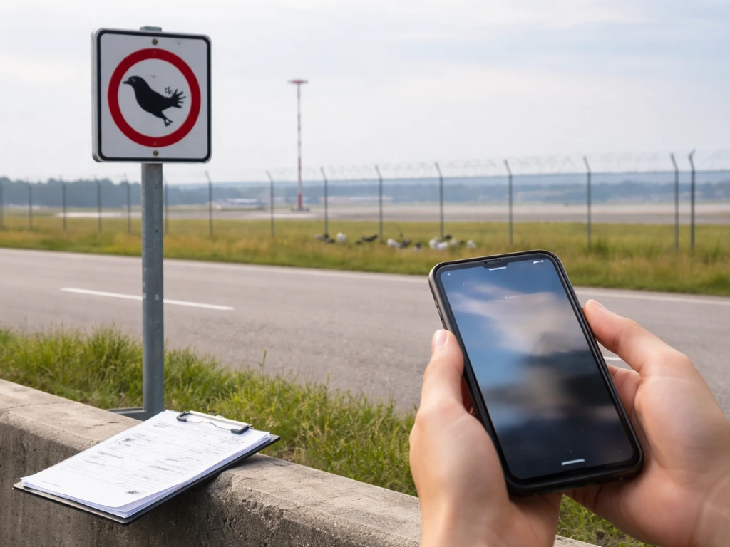 Passenger hands with a smartphone near an airport road sign and distant birds for bird-strike flight worry tips.