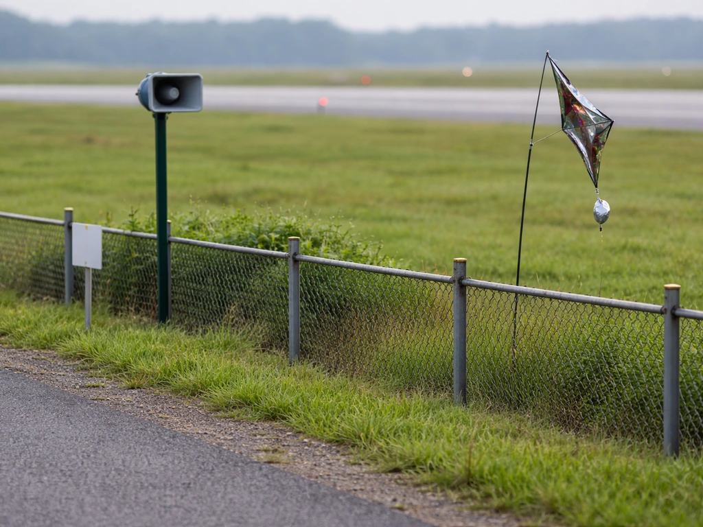 Minimal airport wildlife management scene with runway-edge fencing and vegetation clearance tools, no birds harmed.