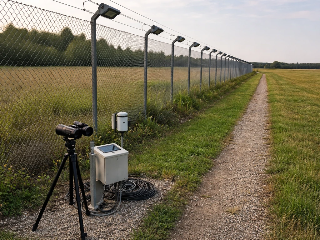 Airport perimeter wildlife monitoring setup with bird-deterrent equipment beside natural habitat buffers.