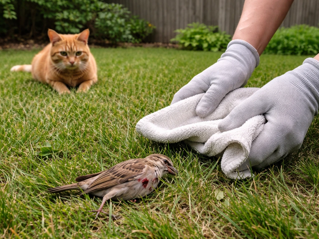 A cat nearby while a person carefully picks up a small bird on grass with gloves or a towel.