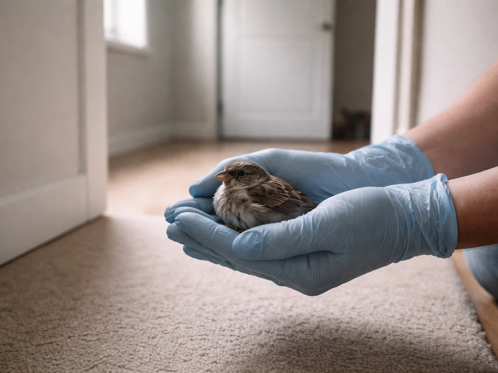 Gloved rescuer safely holding a small bird after a cat incident, cat secured offscreen behind a closed door.