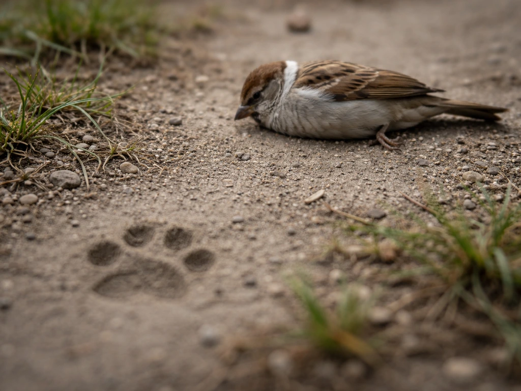 Close-up of a small motionless bird on the ground, suggesting possible contamination after a cat encounter.