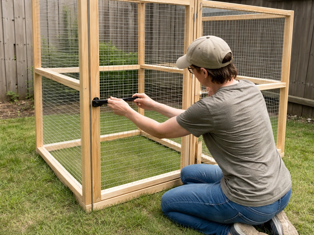 Person securing an outdoor catio enclosure with simple latches in a quiet backyard