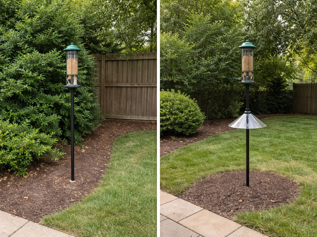 Backyard before/after: bird feeder near shrubs and fence vs moved open with a baffled pole feeder.