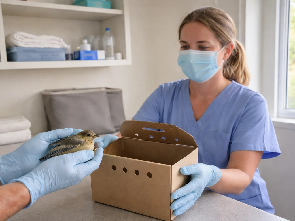 A wildlife rehabilitator in gloves safely receives a small bird from another person at an intake station.
