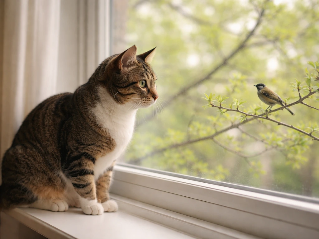 Indoor cat perched by a window watching a bird outside in the yard