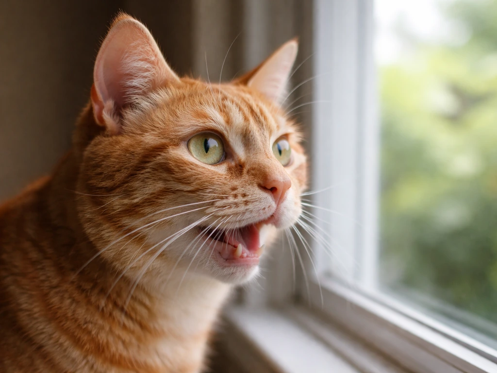 Orange tabby cat close-up, eyes and whiskers focused toward birds outside a window while chattering.