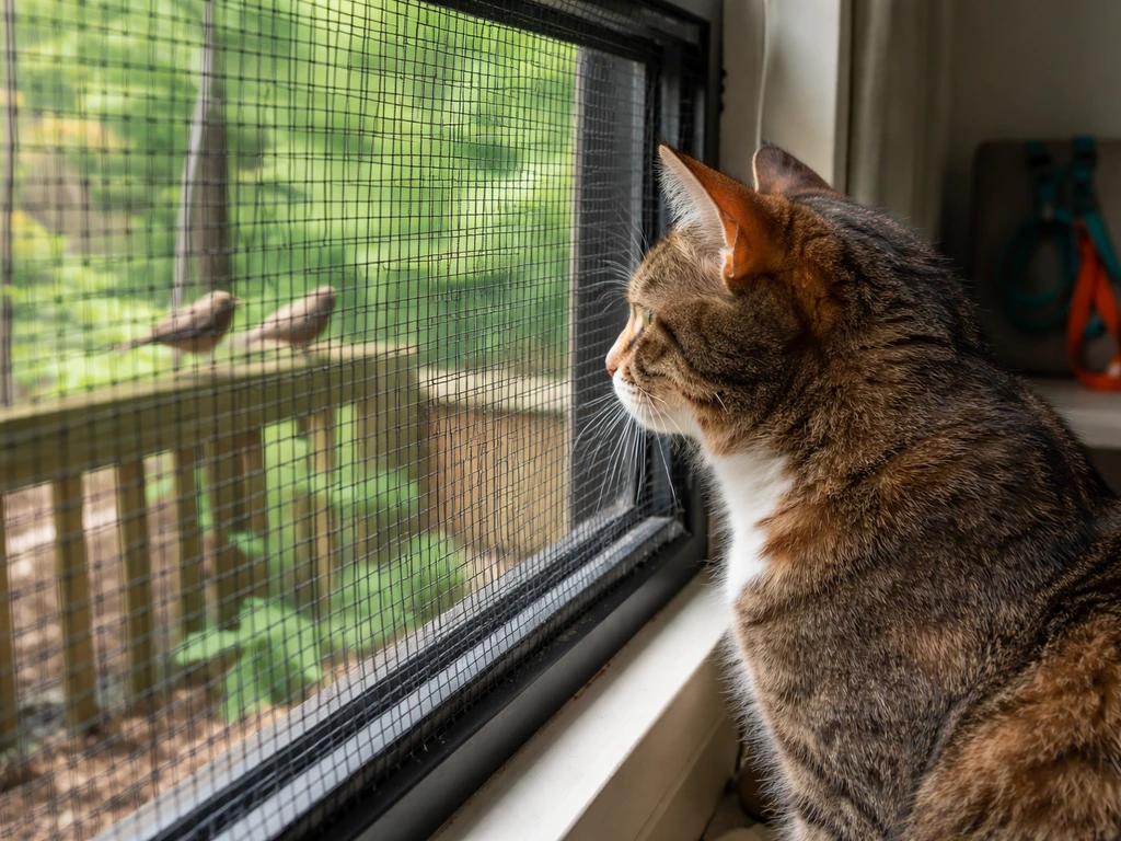 Calm cat by a window with a secure screen barrier, leash nearby for supervised outdoor time