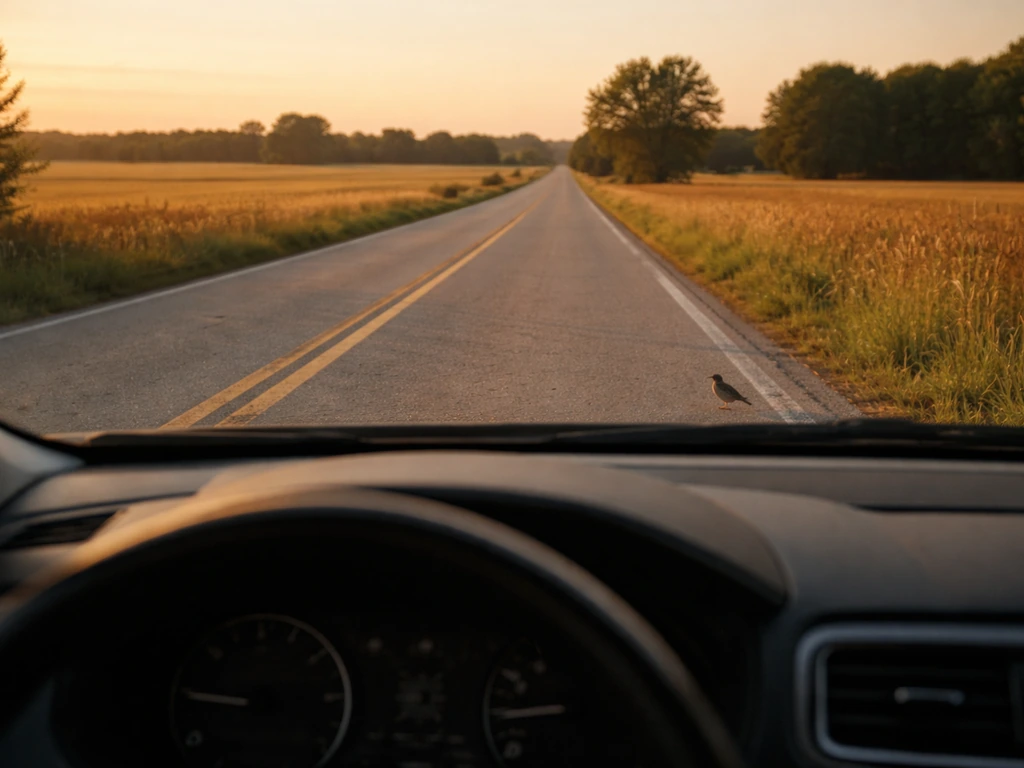 Anonymous driver on a rural road with a small bird near the roadway ahead
