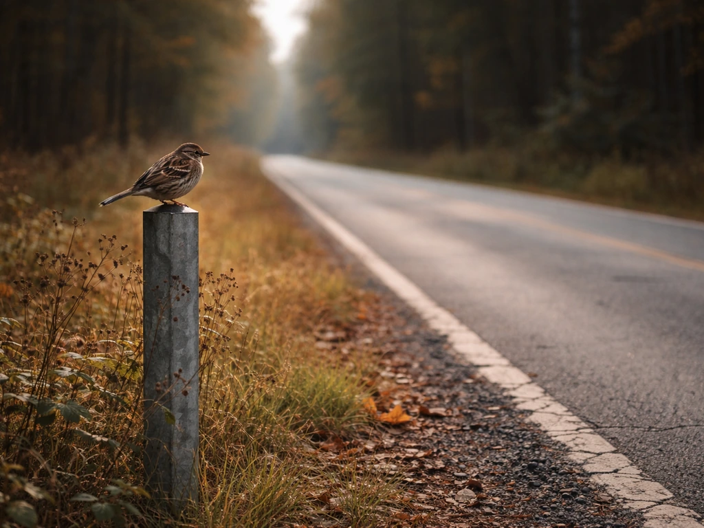 A small songbird perched on a roadside signpost near a rural road at dusk, minimal woodland edge.
