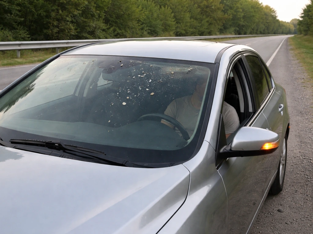 Driver pulled over with hazard lights on, windshield with small bird debris on a quiet roadside.
