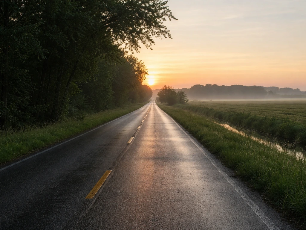 Empty rural road at dawn with fields and habitat edges, suggesting safer timing and route planning.