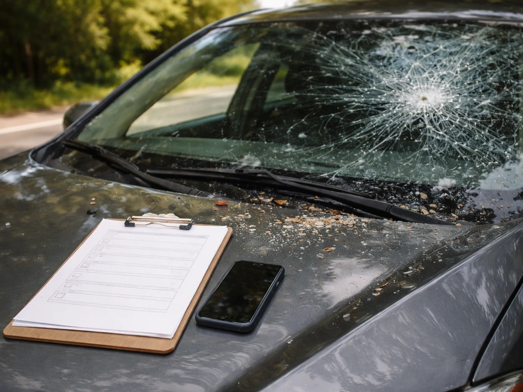 Windshield debris beside a damaged car, with a clipboard and phone for reporting insurance damage.