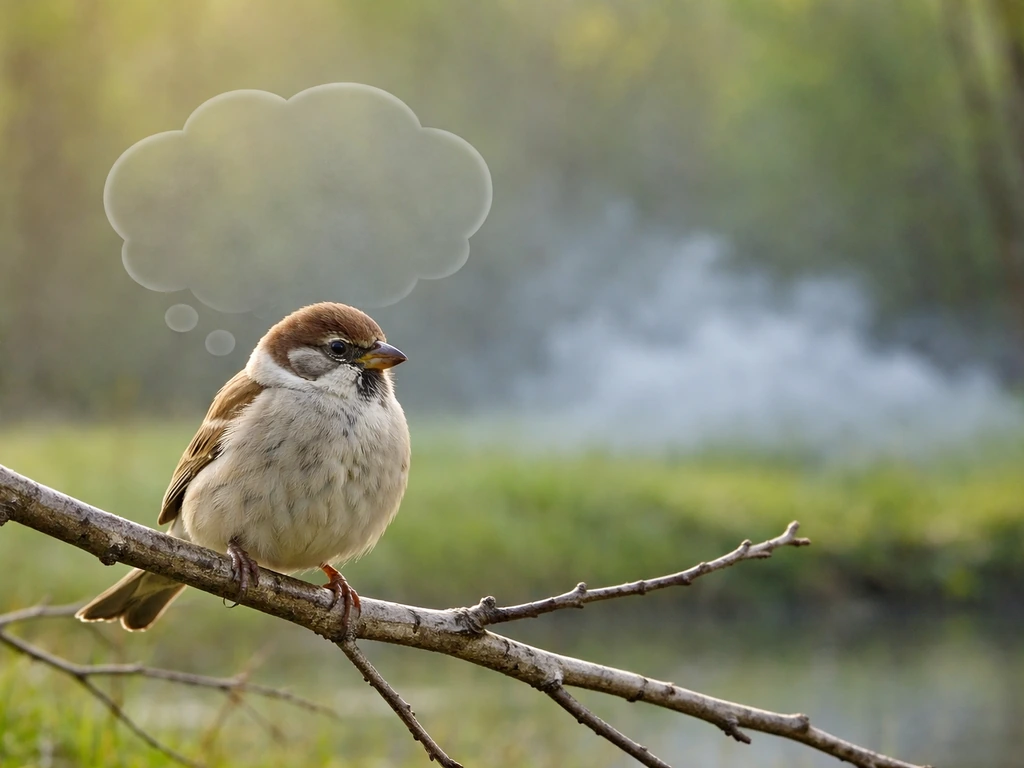 Small bird in the foreground with a subtle, ghostly gas cloud behind it suggesting a safety question