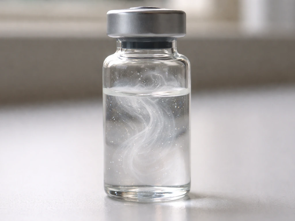 Close-up of a clear vial with subtle swirling gas mixture on a neutral tabletop.