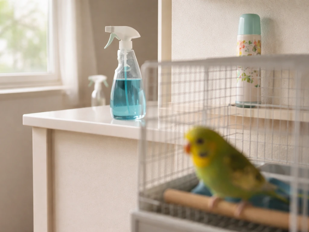Out-of-focus pet bird in foreground with nearby cleaning spray and scented aerosol in the background.