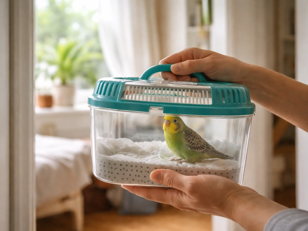 Caregiver gently relocating a small pet bird to a fresh, well-ventilated room near an open window.