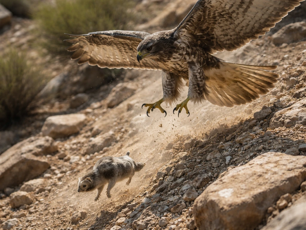 A raptor in mid-dive drops prey onto a rocky slope, captured in dramatic natural light.