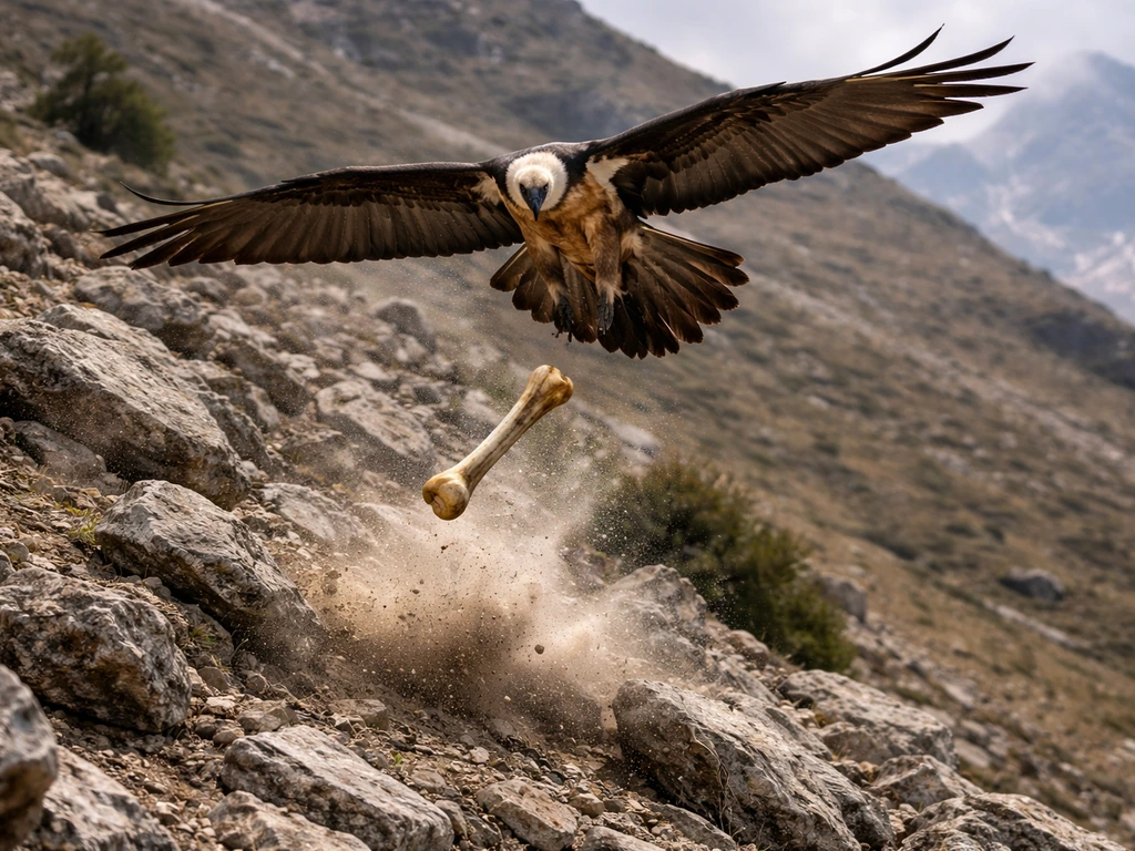 Lammergeier (bearded vulture) dropping a bone onto rocky slopes as dust bursts on impact.