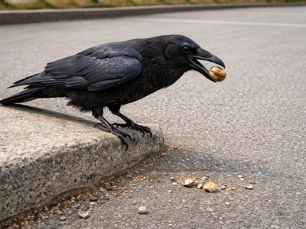 Common raven on an empty parking lot pavement with shell fragments, showing evidence of dropping prey.