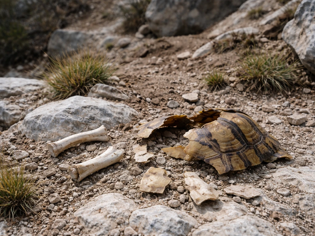 Shattered shell and bone fragments on rocky ground with a matching rough rock drop area in background.