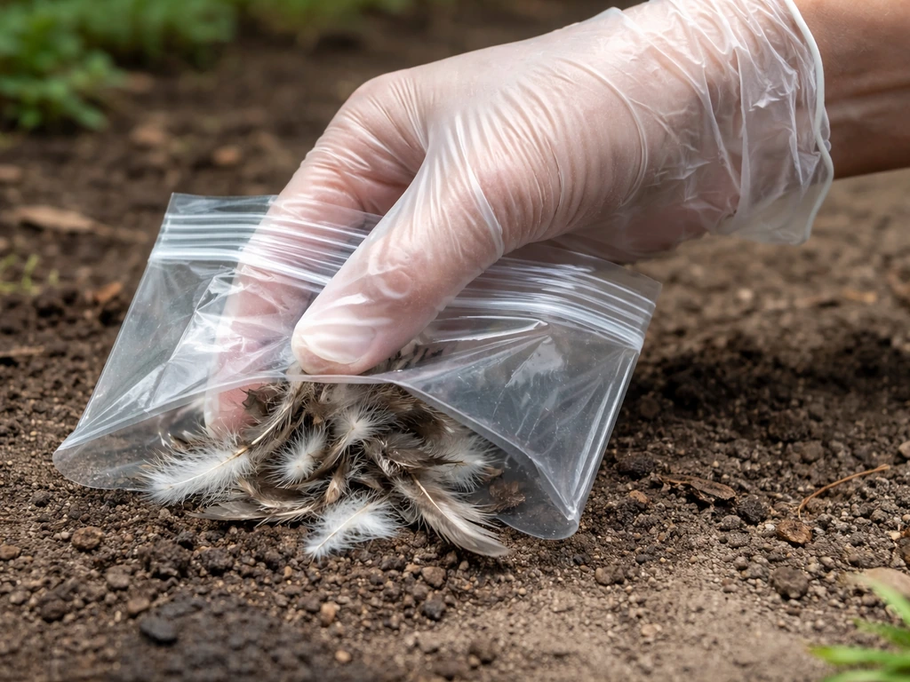 A gloved hand using an inverted plastic bag to handle loose feathers safely outdoors.