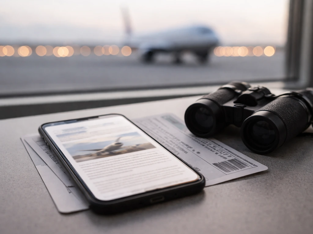 Smartphone and documents on a desk with blurred aviation news and distant runway aircraft lights