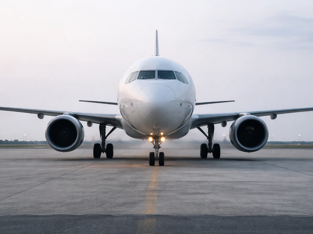 Passenger jet with landing gear down on an airport runway/ramp after a bird strike, calm scene.