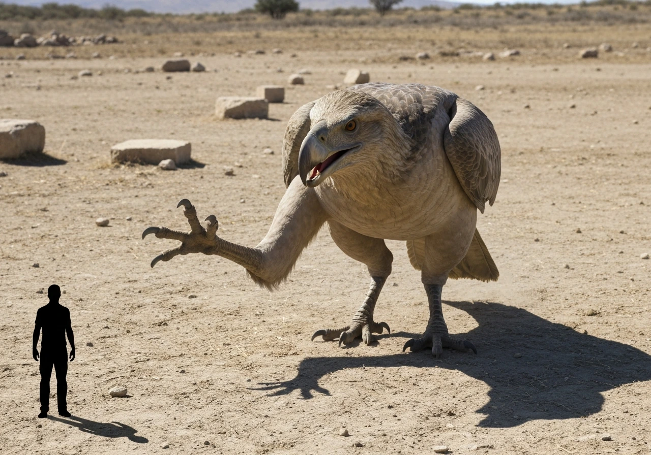 A life-size terror bird poised to strike near a human silhouette on prehistoric ground for scale.