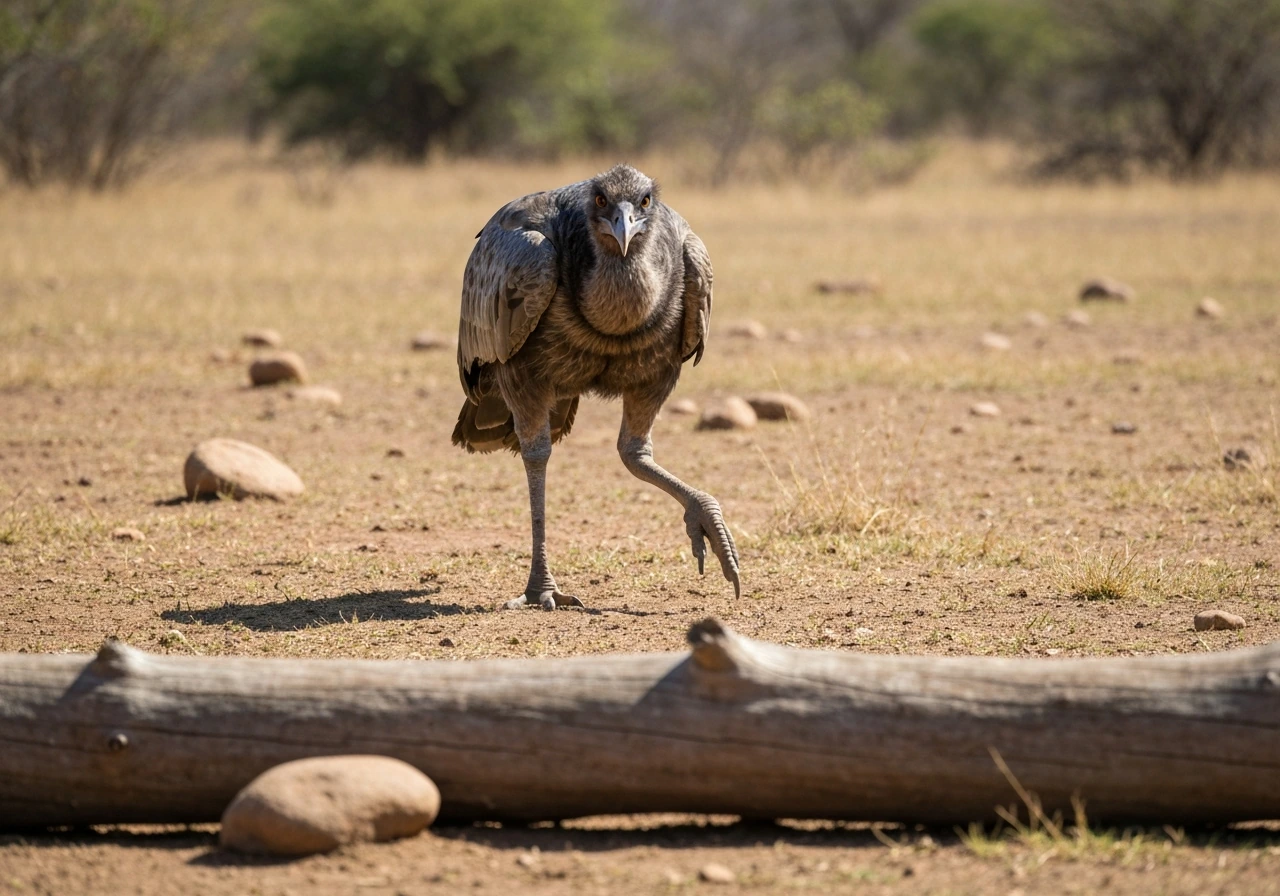 Life-size terror bird (flightless, clawed predator) standing in a sparse South American landscape, size implied by persp