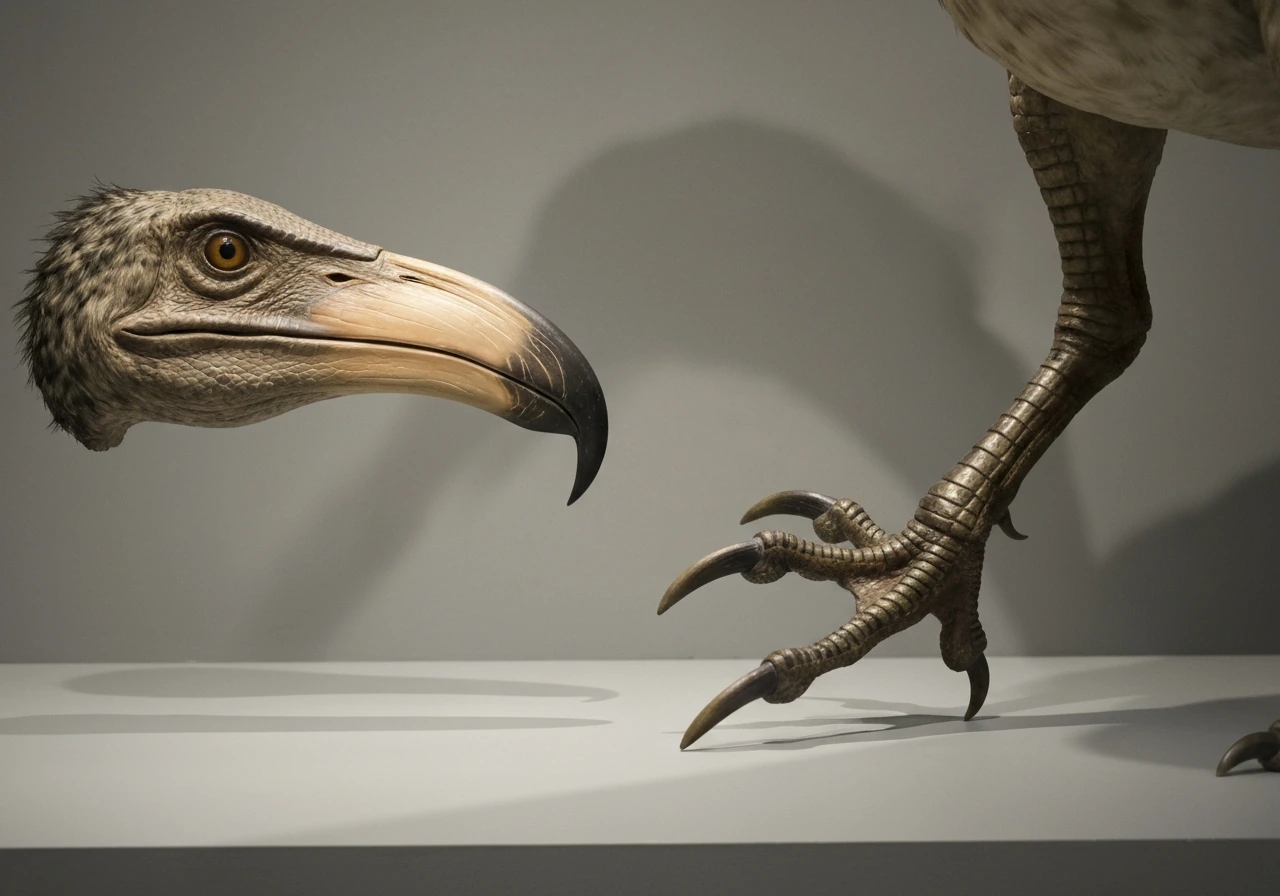 Close-up of a reconstructed terror bird beak and taloned foot in an action stance against a neutral background.