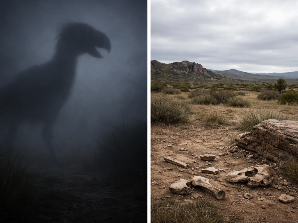 Minimal split-frame image showing a blurred terror-bird silhouette fading into empty prehistoric landscape