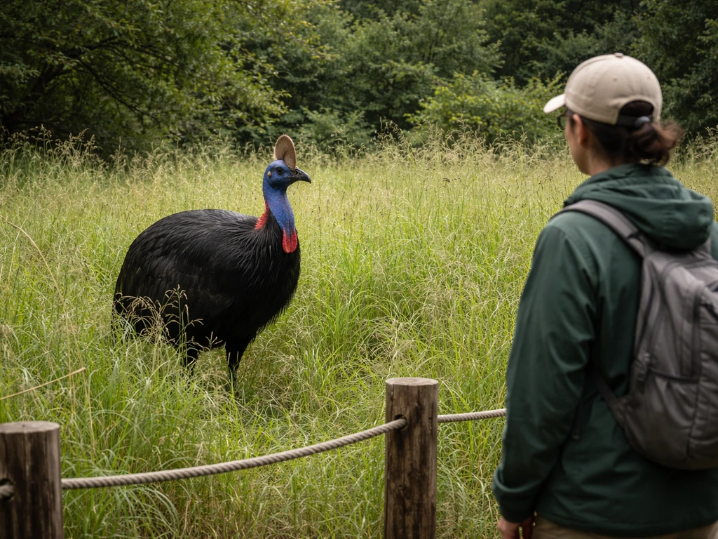A person stands behind a fence at a safe distance from a cassowary-like bird in tall grass.