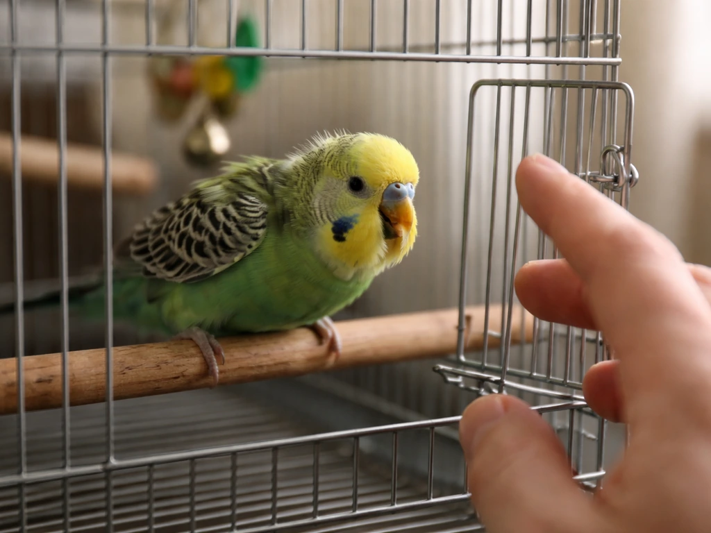 Pet bird near cage door fluffed up, open beak, lunging as a hand reaches in.