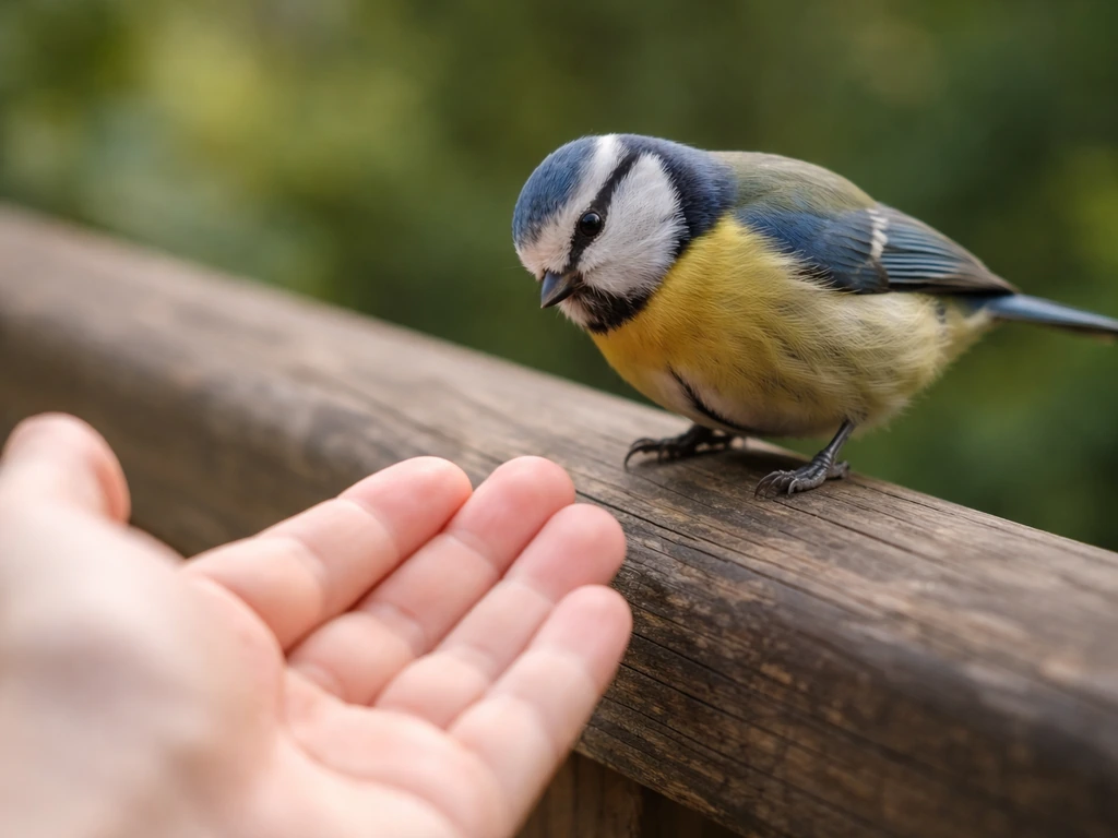 Small songbird calmly approaches a nearby open hand on a wooden perch