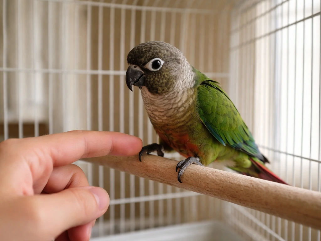 A calm parrot steps onto an offered finger at perch height in a safe home birdcage setup.