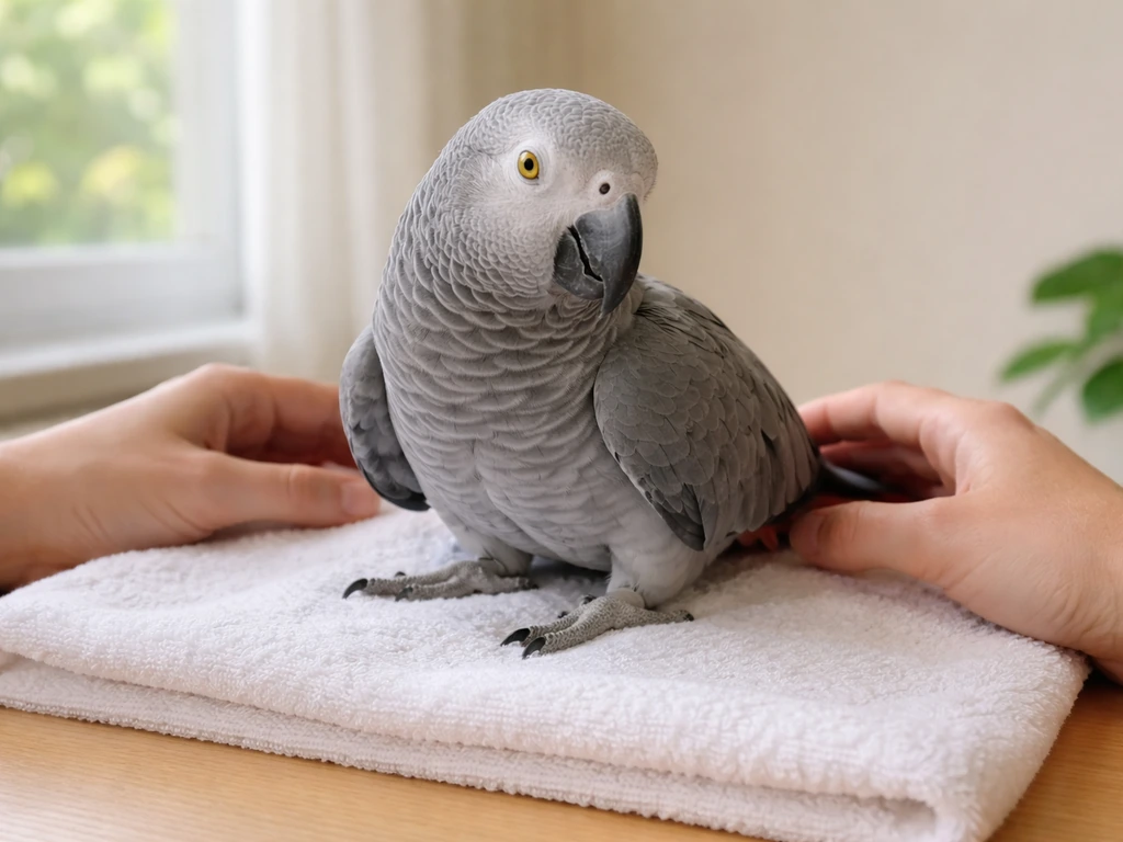 African grey parrot calmly supported on a towel with gentle hands nearby, no grabbing or restraint.