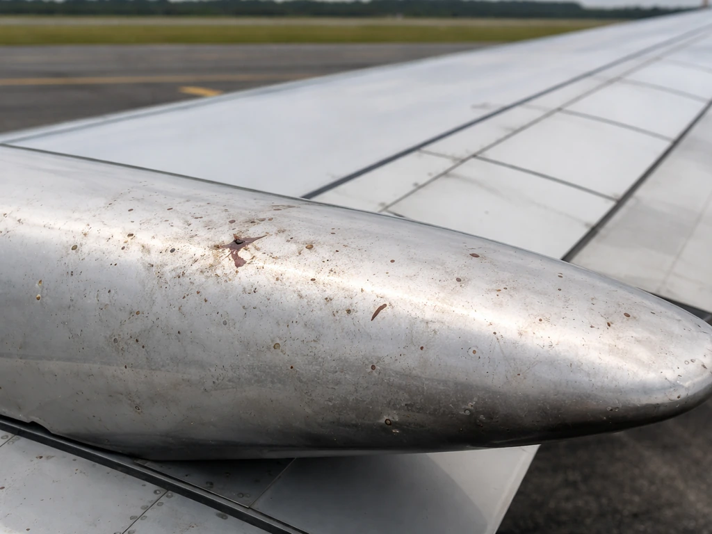 Close-up of an airplane wing leading edge with visible scuffs and debris from a bird strike