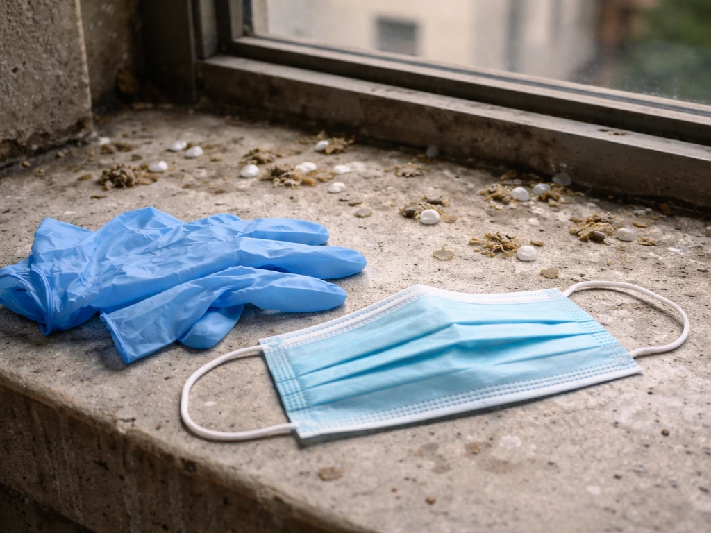 Urban ledge with visible bird droppings and a pair of protective gloves and mask nearby
