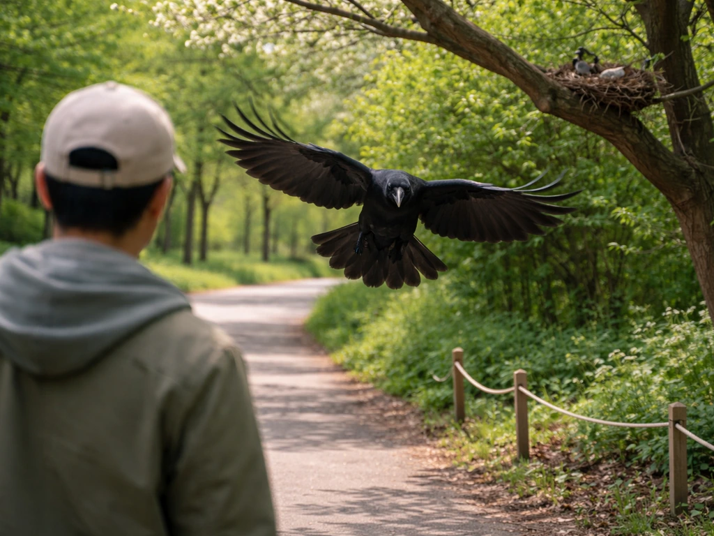 A crow dives toward a person walking near an active nest area on a quiet park path