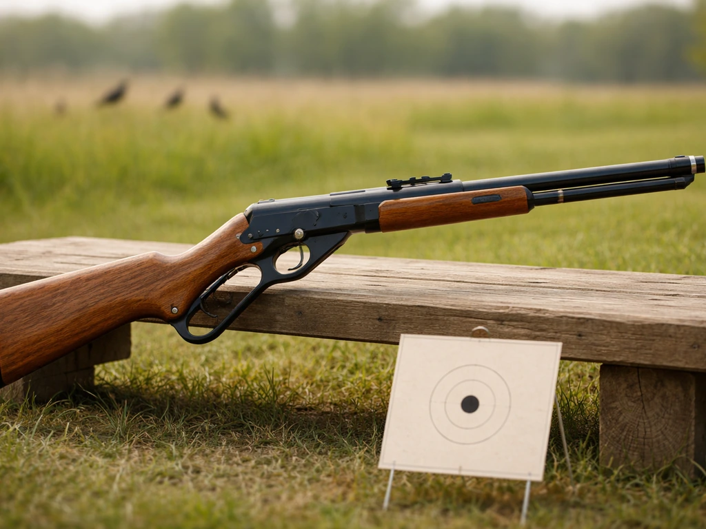 Lever-action Daisy Red Ryder BB gun outdoors, small target in foreground, bird silhouettes softly in background.