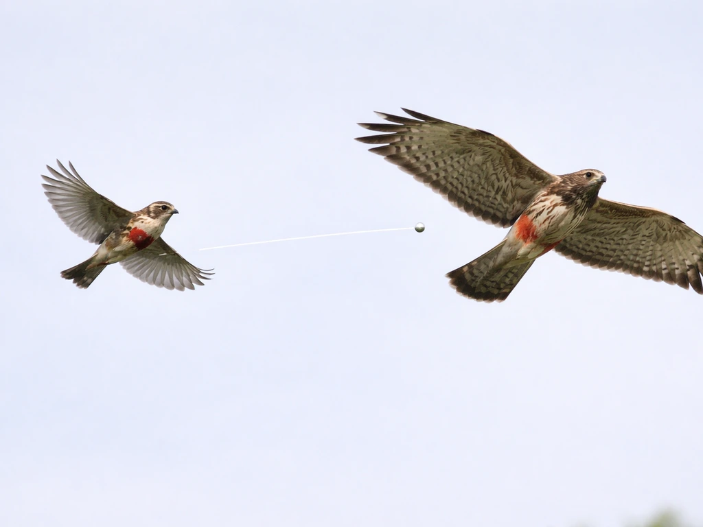Small songbird and larger bird at different distances with a BB-like streak and subtle impact zones.