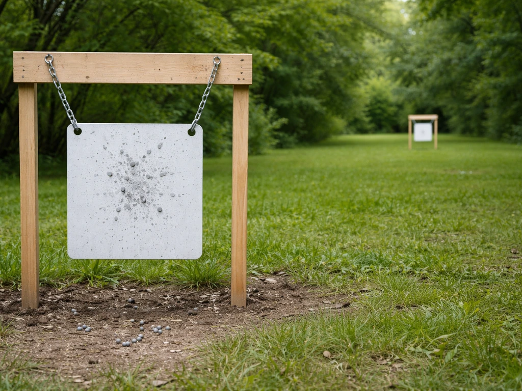 Two BB target plates showing short-range and long-range placement with scattered pellets on a quiet backyard line.