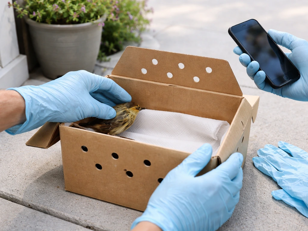 Gloved hands placing a small bird into a ventilated box while calling a wildlife rehab hotline