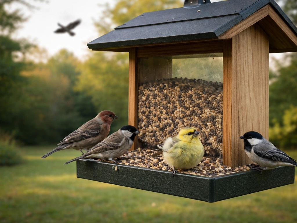 Backyard bird feeder with several small birds and a hawk silhouette in the background, suggesting bird-on-bird risk.